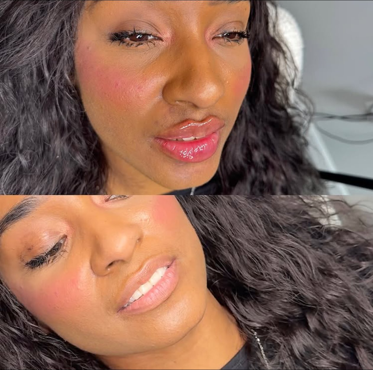 Close-up of a woman with curly dark hair, wearing makeup with pink blush, glossy lips, and light eyeshadow, in two different poses. RUSSIAN LIP FILLER