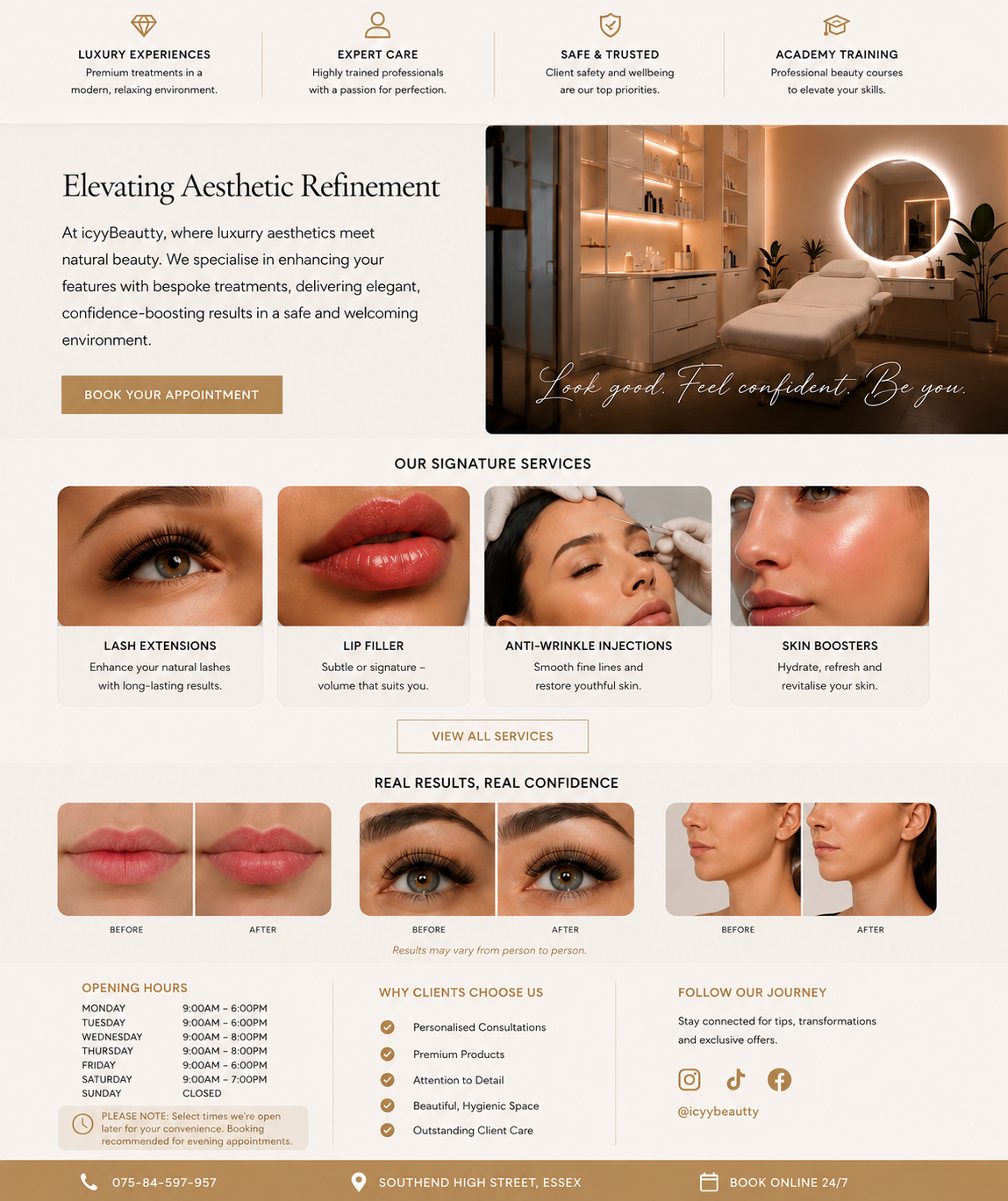 A beauty clinic website homepage showcasing services such as lash extensions, lip filler, anti-wrinkle injections, and skin boosters, with before and after images, appointment booking button, business hours, contact information, and social media links.