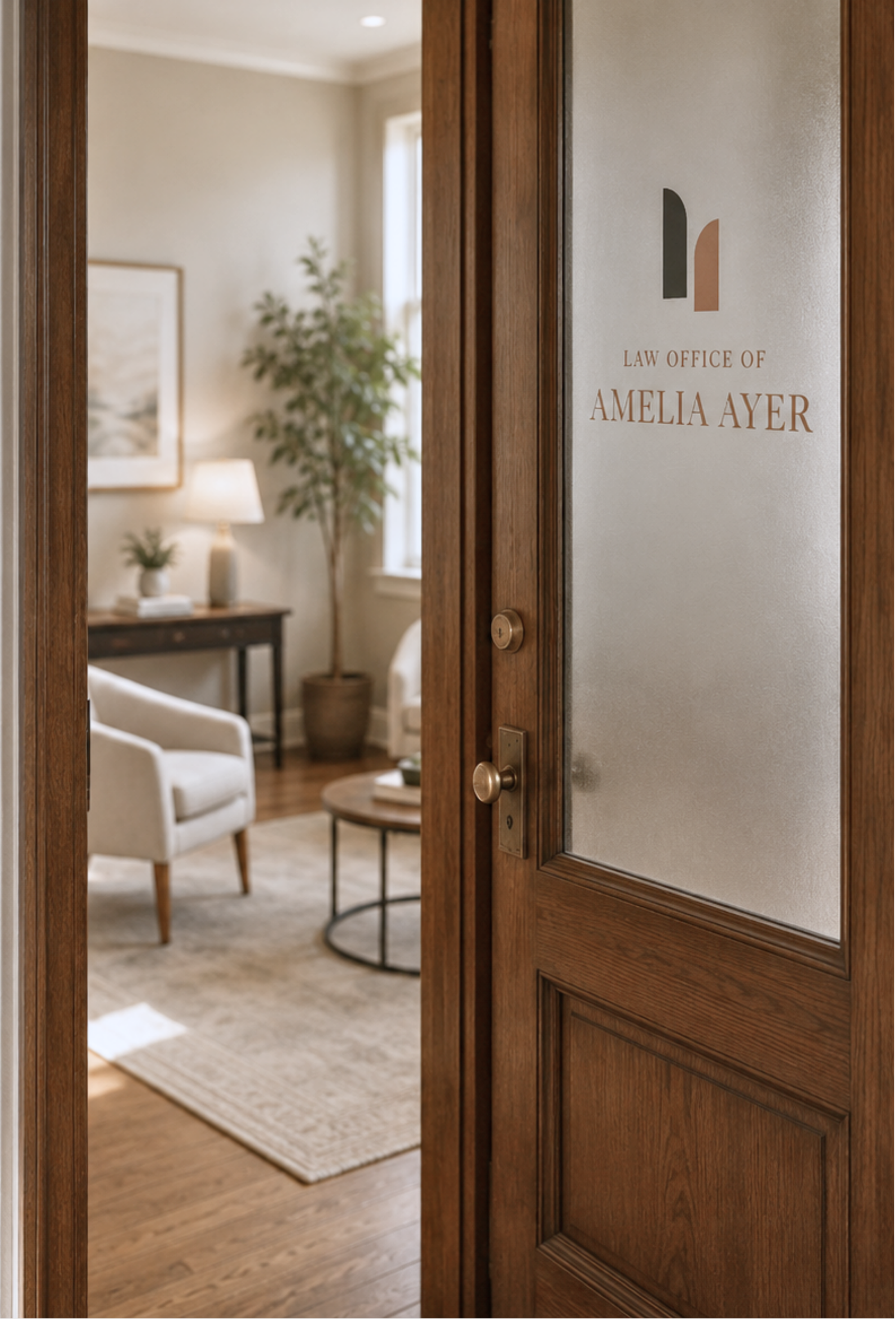 Photo taken through a wooden door with glass panel that reads "Law Office of Amelia Ayer". Inside, there is a cozy room with beige walls, a window with sunlight, a tall houseplant, a table lamp, two chairs, a coffee table, a side table with a small plant, and framed artwork on the wall.