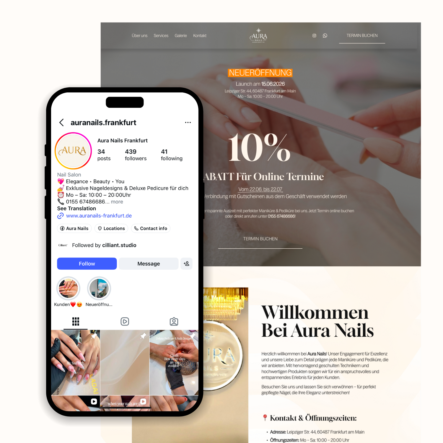 Screenshot of an Instagram profile page for Aura Nails Frankfurt with 34 posts and 439 followers, promoting a grand opening and nail services, overlaid on a website for Aura Nails Frankfurt, a nail salon in Germany.