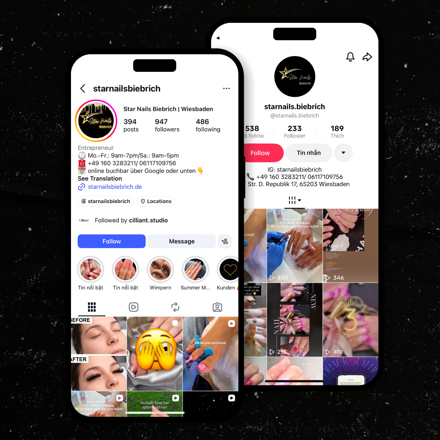 Screenshots of social media profiles and videos for a nail salon named Star Nails Biebrich, displaying contact information, services, and nail art photos.