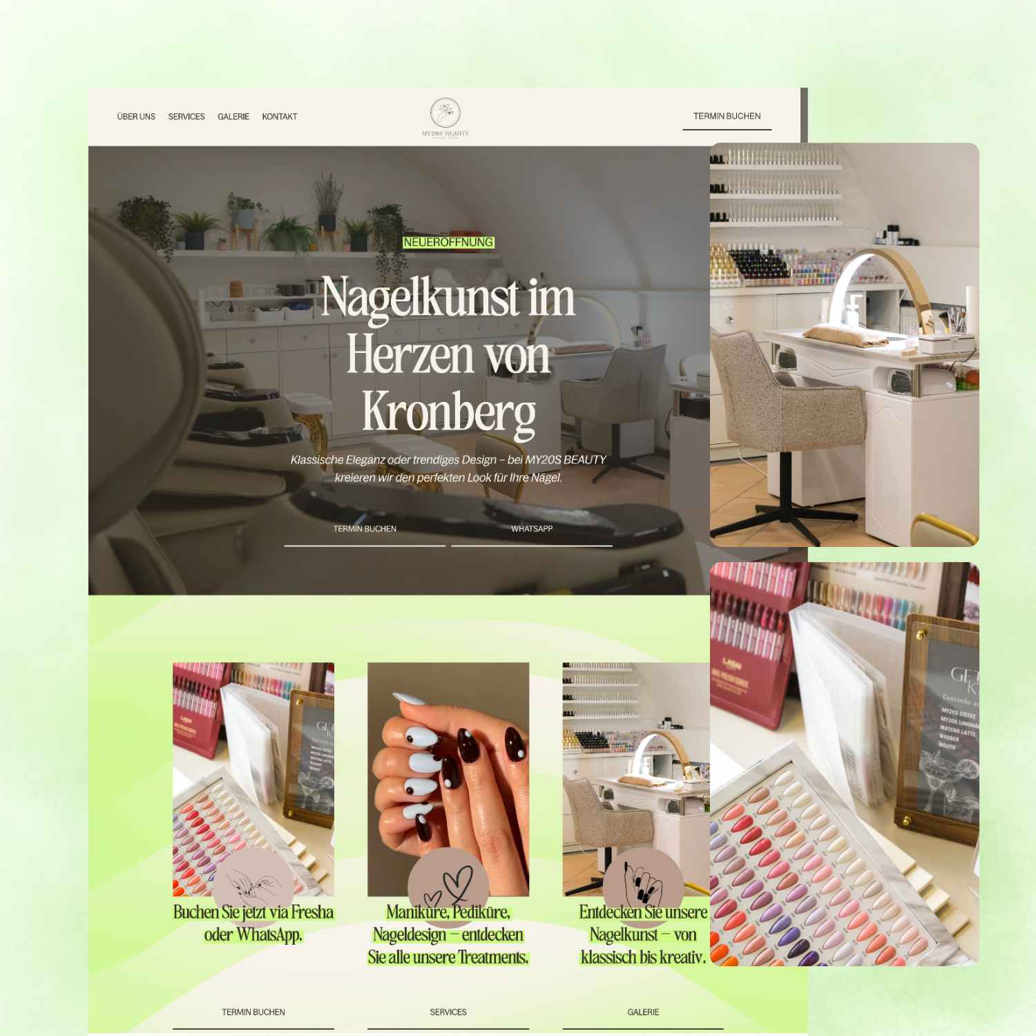 A website homepage for a beauty salon called MY20S BEAUTY featuring nail art services, with images of nail polish palettes, nails painted in different styles, and a manicure station.