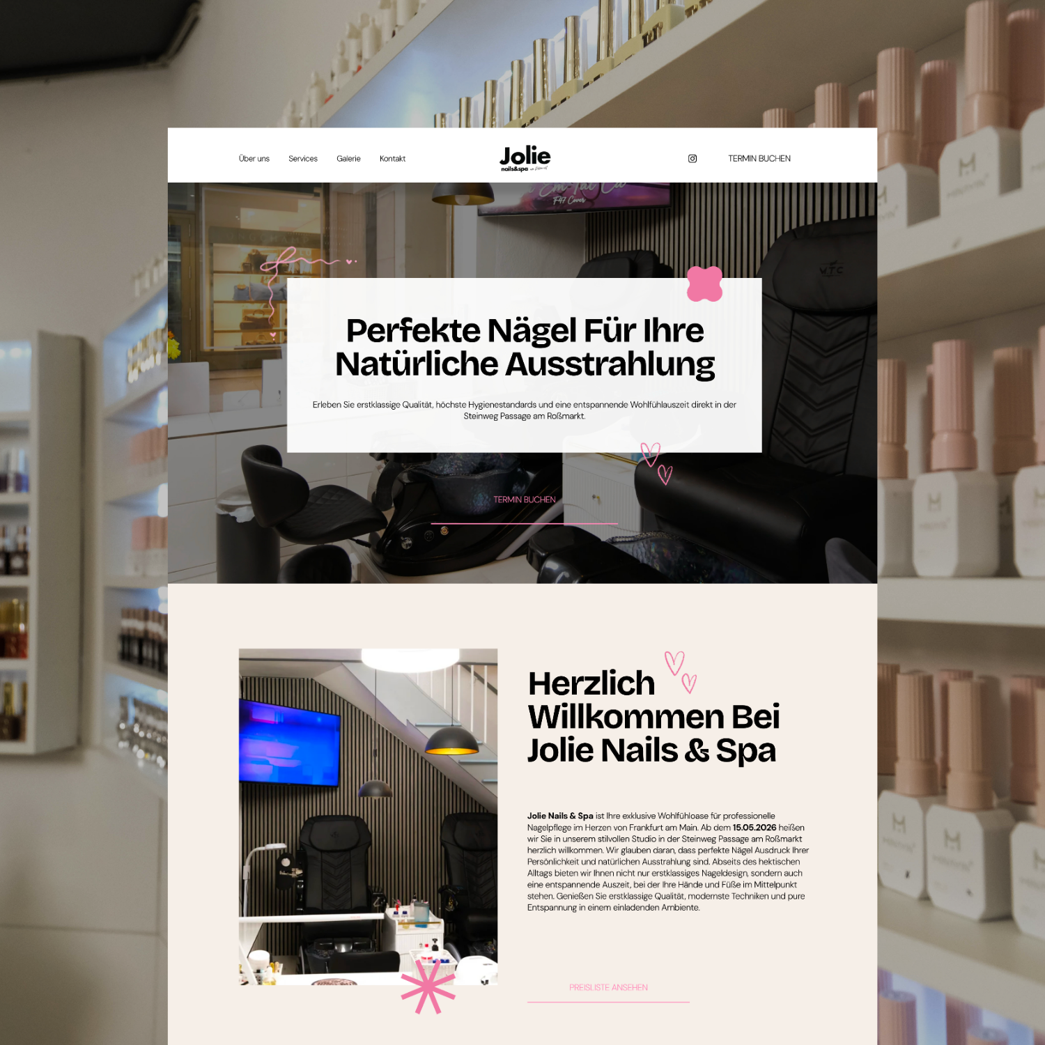 Screenshot of a website for Jolie Nails & Spa showing a beauty salon interior, nail polish shelves on the wall, and salon furniture, with text in German welcoming visitors.