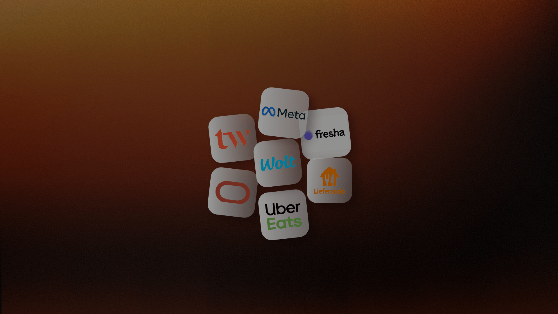 Arrangement of various app icons including Meta, Fresha, Uber Eats, Wolt, Deliveroo, and others on a dark gradient background.