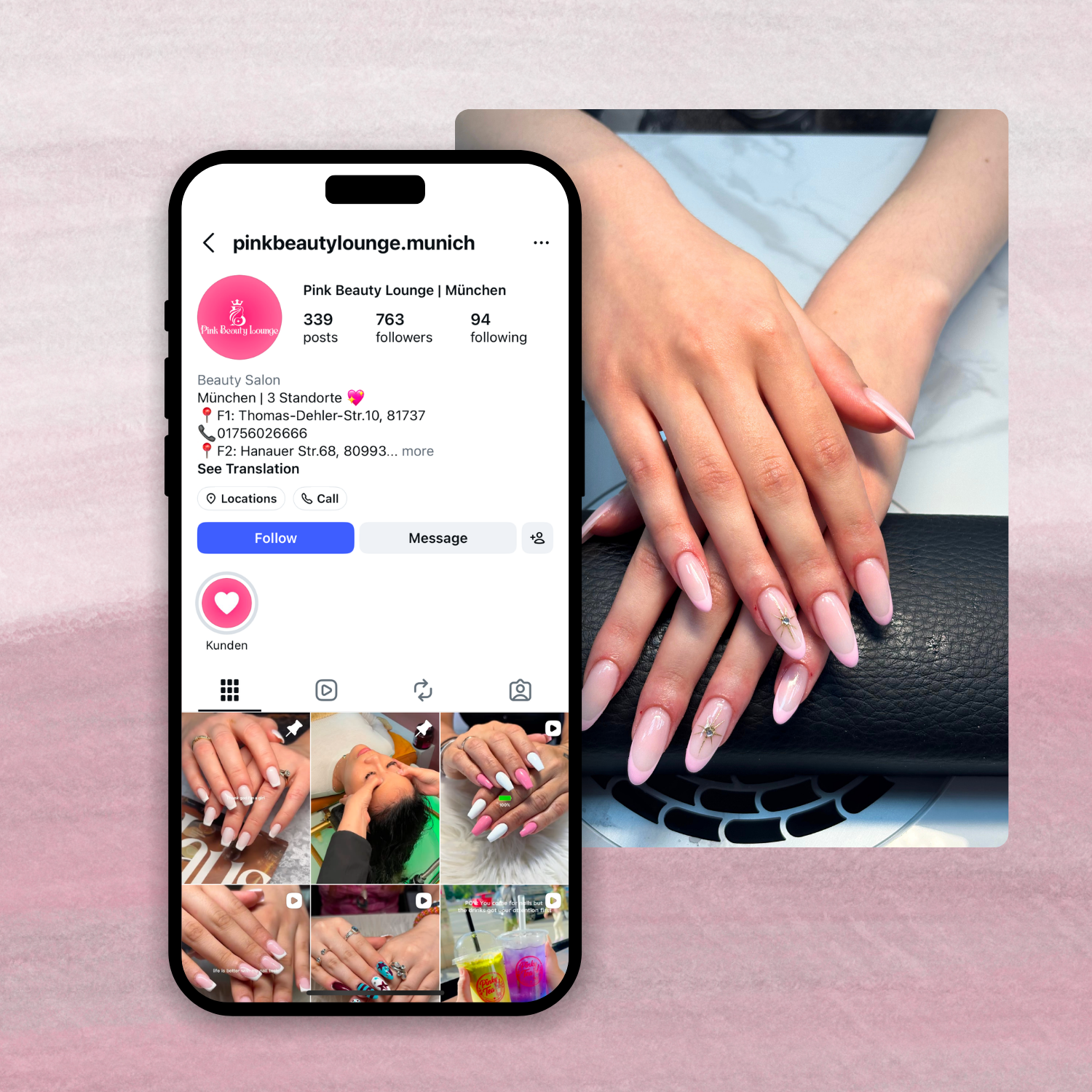 A smartphone screen displaying the Instagram profile of Pink Beauty Lounge in Munich, showing photos of manicured hands with pink and white nails, and a tray with two colorful drinks. There is also a separate photo of a woman's hands with similar manicured nails on a black surface.