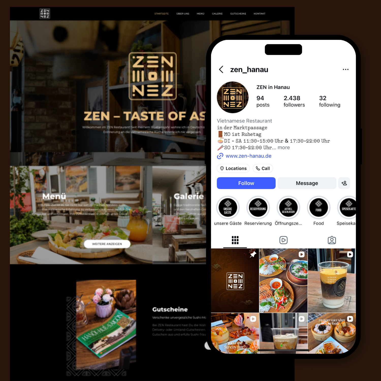 Screenshots of a Vietnamese restaurant's website and Instagram profile. The website features a menu, gallery, and information about the restaurant located in Berlin, with images of food, drinks, and interior decor.