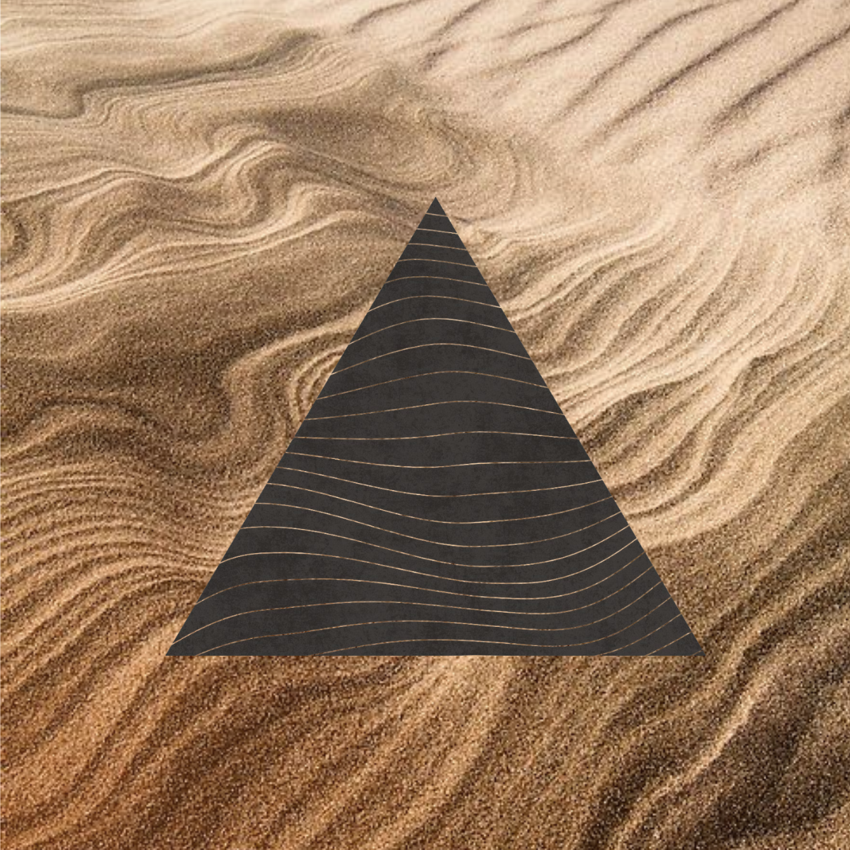 A digital illustration of a black pyramid with golden contour lines over a sandy desert background with sand dunes.