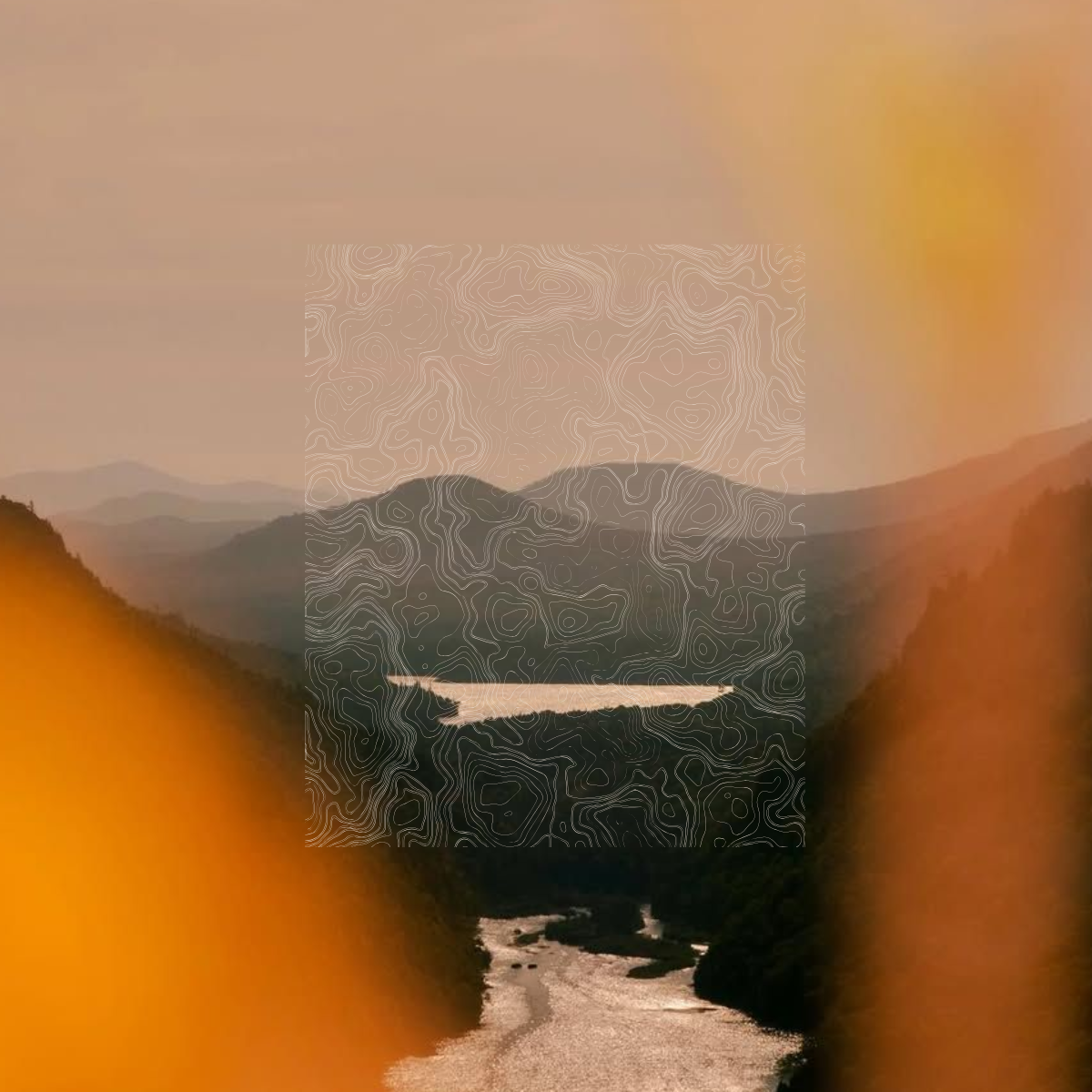 A river flowing through a mountainside valley with mountain ranges in the background, with a topographical pattern on top.