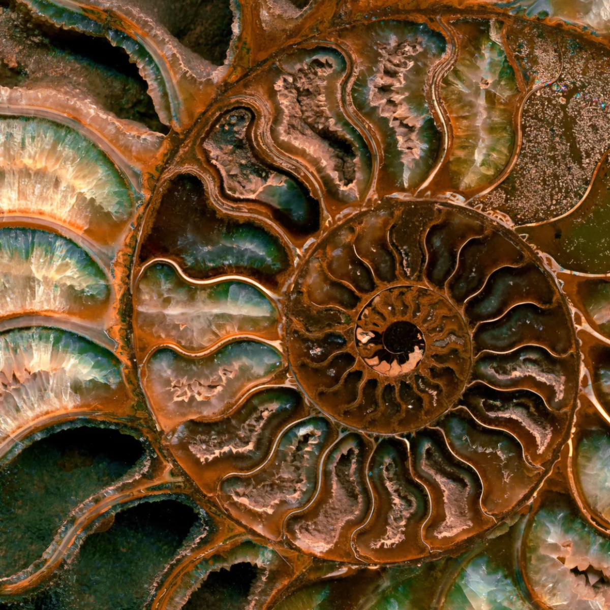 Close-up of a polished ammonite fossil with intricate spiral shell patterns in shades of brown, green, and cream.