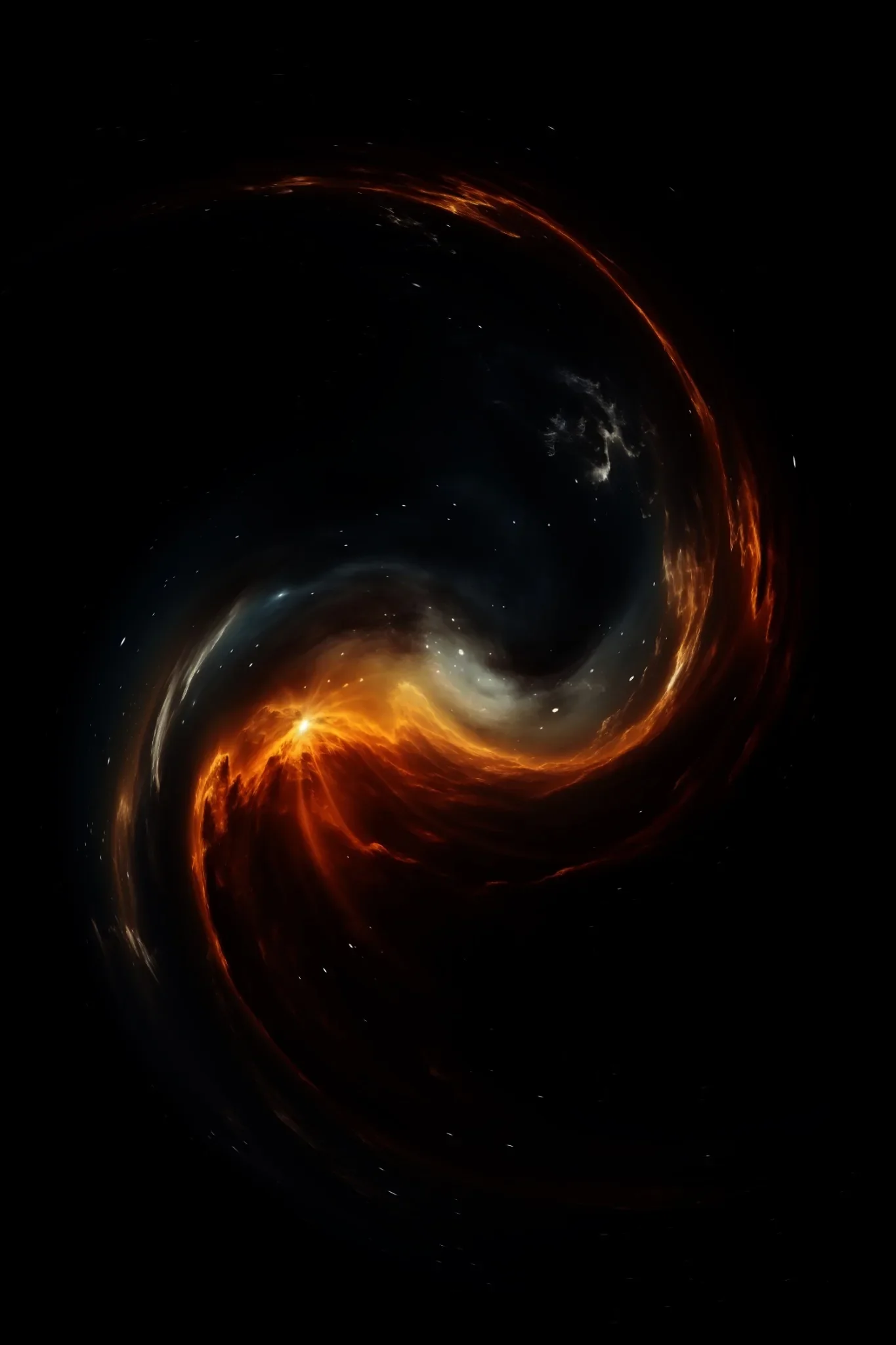 Swirling view of space with bright orange and yellow nebulae, black void, and stars.