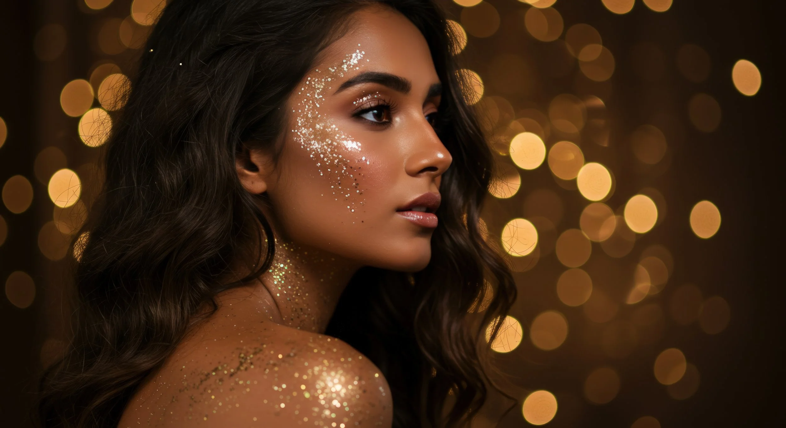 Close-up of a woman with long dark hair, glitter on her face and shoulder, looking to the side against a background of golden bokeh lights.