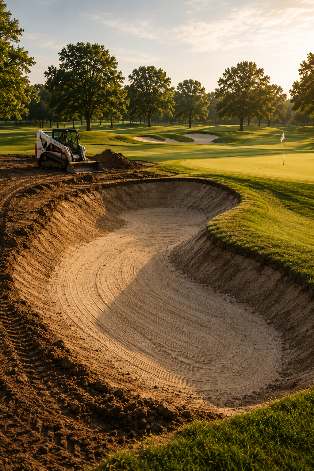 A golf course with a sand bunker under construction, a small construction vehicle, and a flag on the green, surrounded by trees under a partly cloudy sky during sunset.