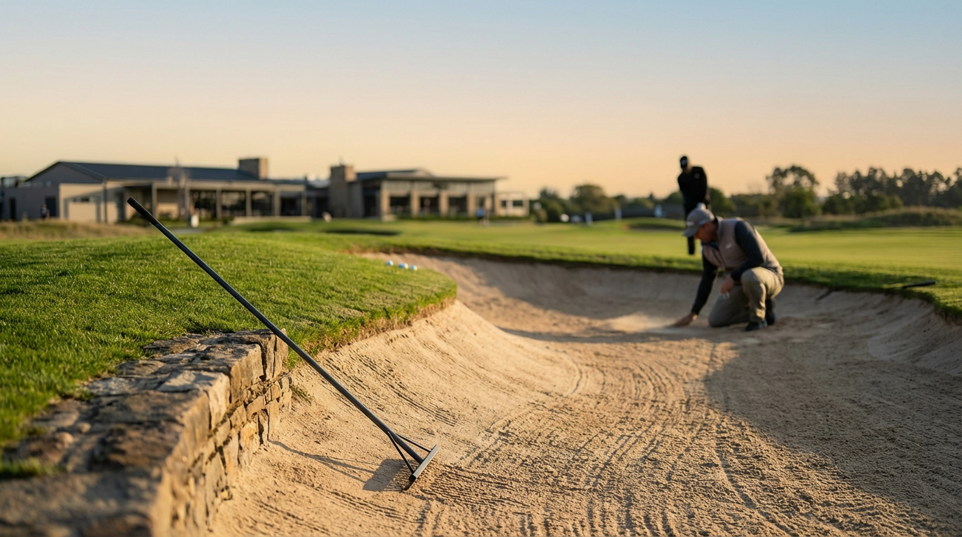 A golf course with a sand bunker, a golf club lying on the edge of the bunker, and two people near the sand trap, possibly preparing for a shot or repair.