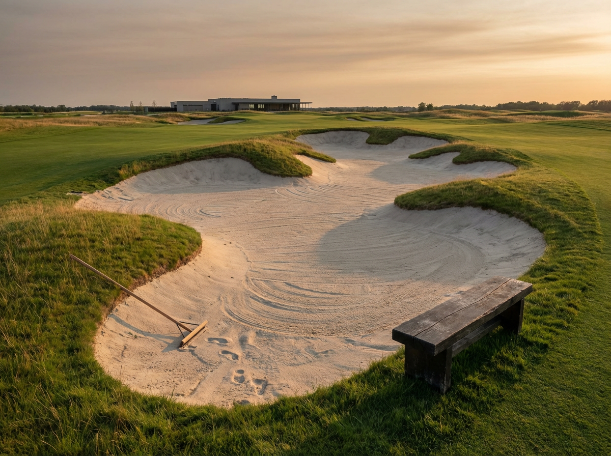 Golf course sand trap with rake, bench, and well-maintained grass, with a modern clubhouse in the background at sunset.