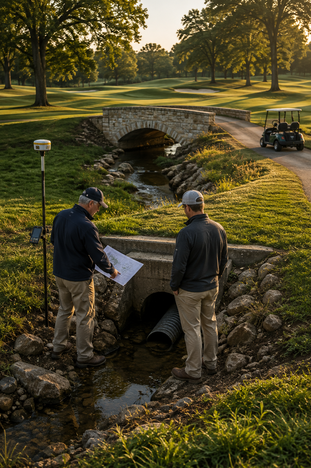 Two men in golf attire standing by a drainage pipe at a golf course, discussing a map or plan, with a small stream flowing beneath a bridge in the background and golf carts on the course.