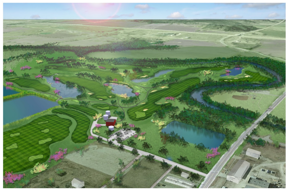 Illustration of a golf course with multiple holes, water hazards, and surrounding trees and greenery, viewed from above.