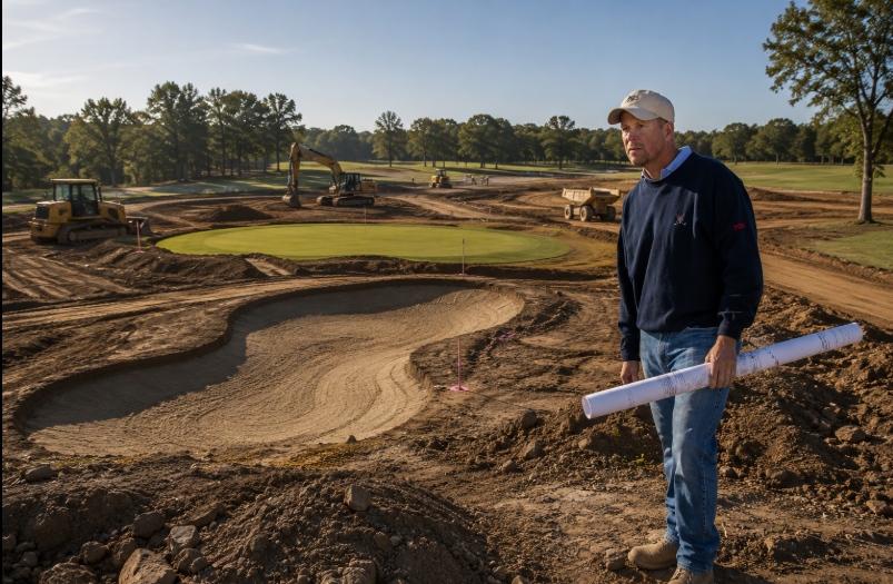 Construction worker holding blueprints on a golf course construction site with machinery and a partly completed sand trap in the foreground, trees in the background.