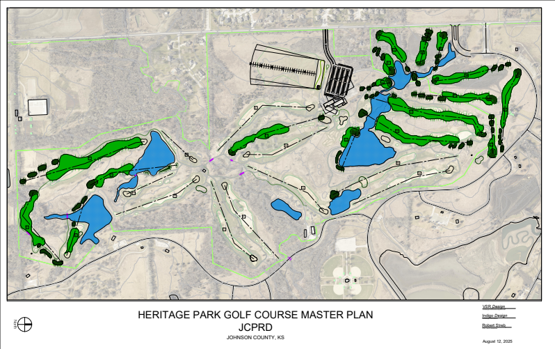 Map of Heritage Park Golf Course master plan in Johnson County, Kansas, showing fairways, greens, water hazards, and surrounding landscape.