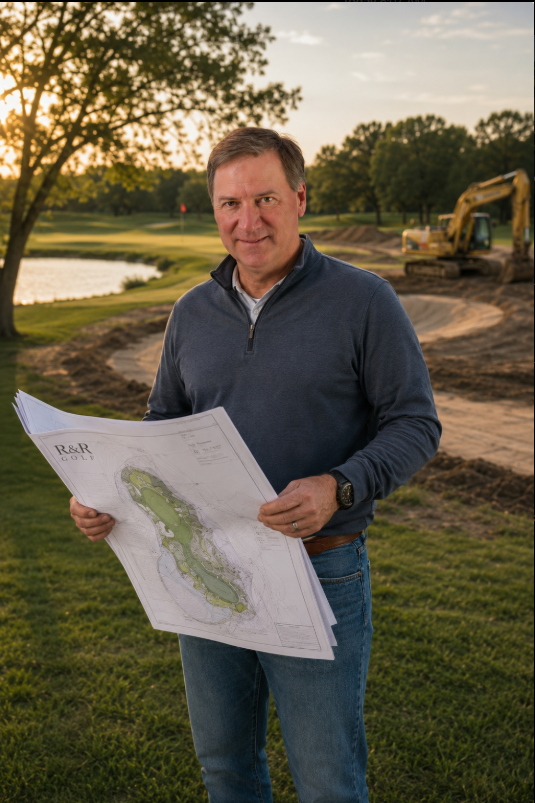 Man holding a blueprint at a golf course with construction equipment in the background during sunset.
