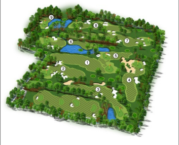 A detailed map of a golf course with various holes, water features, and surrounding trees.