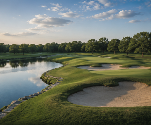 A scenic golf course with sand bunkers, green grass, a water hazard, and trees under a partly cloudy sky.