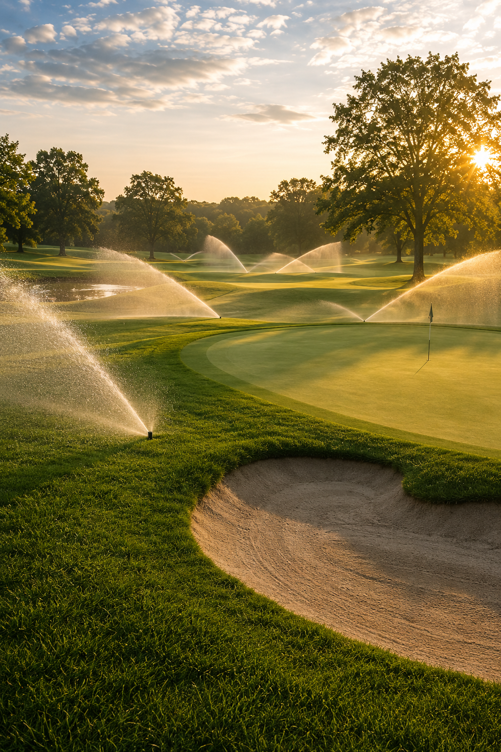 A golf course at sunset with sprinklers watering the green, sand bunker in the foreground, mature trees, and a flag on the putting green.