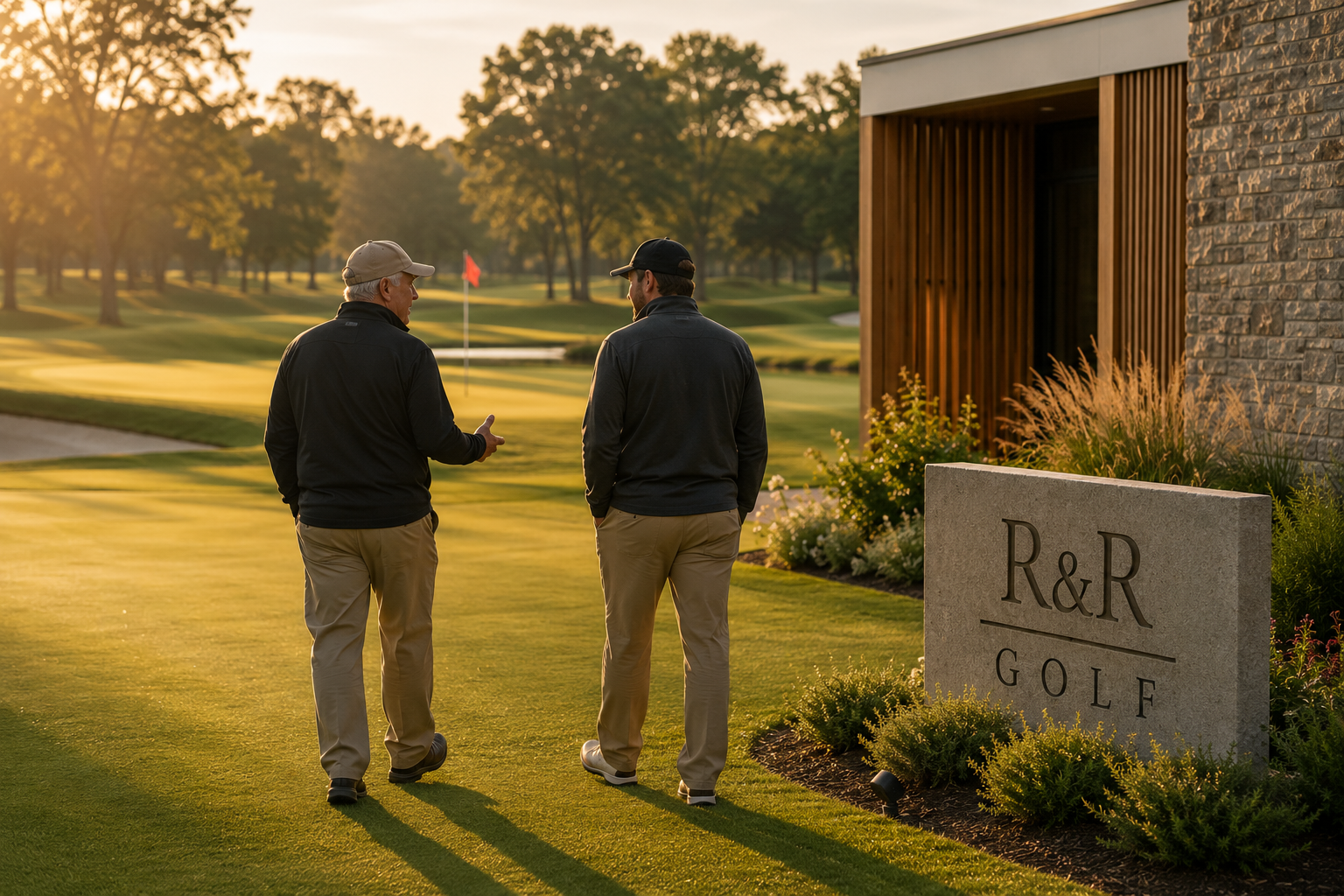 Two men walking on a golf course near a stone sign that reads "R&R GOLF" at sunset, with trees and a water hazard in the background.