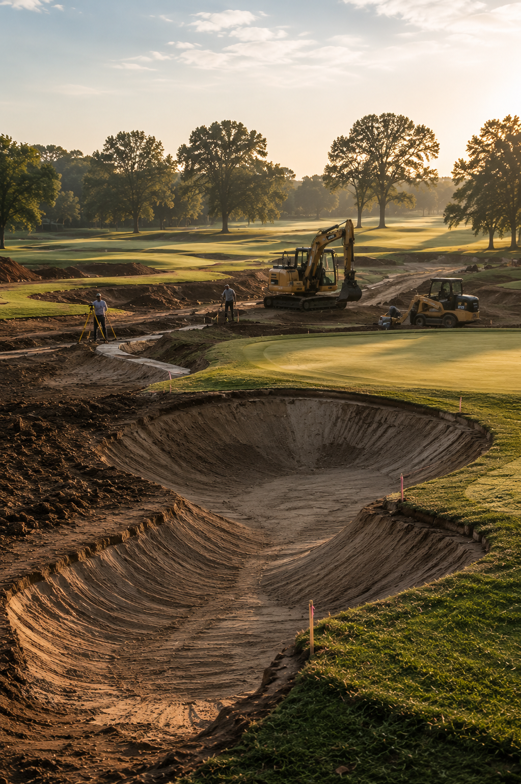 Construction workers and heavy machinery working on a golf course renovation as a large sand bunker is being built, with a background of trees and a partly cloudy sky during sunset.