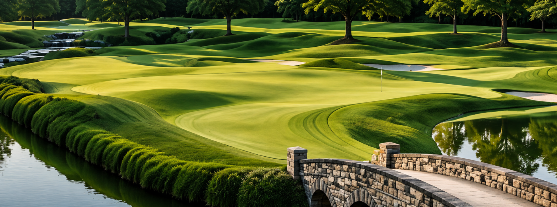 Beautiful golf course with rolling green fairways, sand traps, a stone bridge over a water hazard, and tall trees in the background.