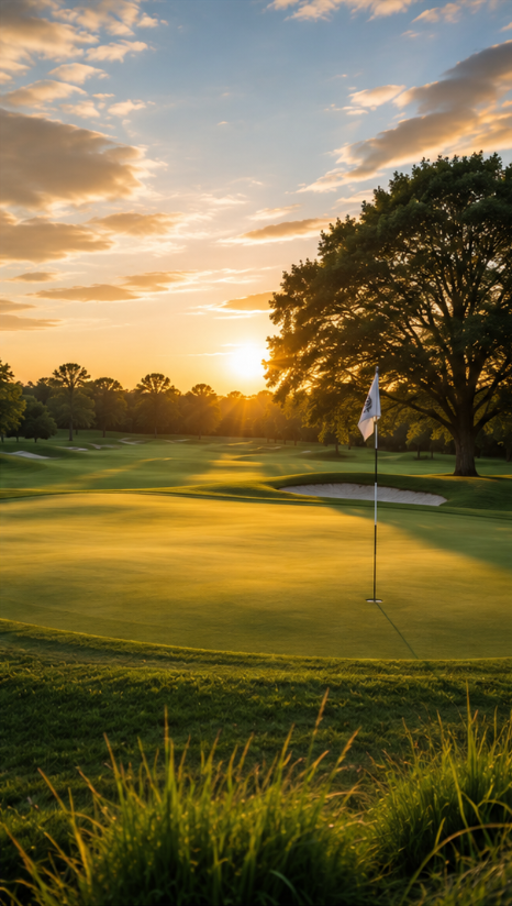 A golf course at sunset with a flag on the green, large trees, and a partly cloudy sky.