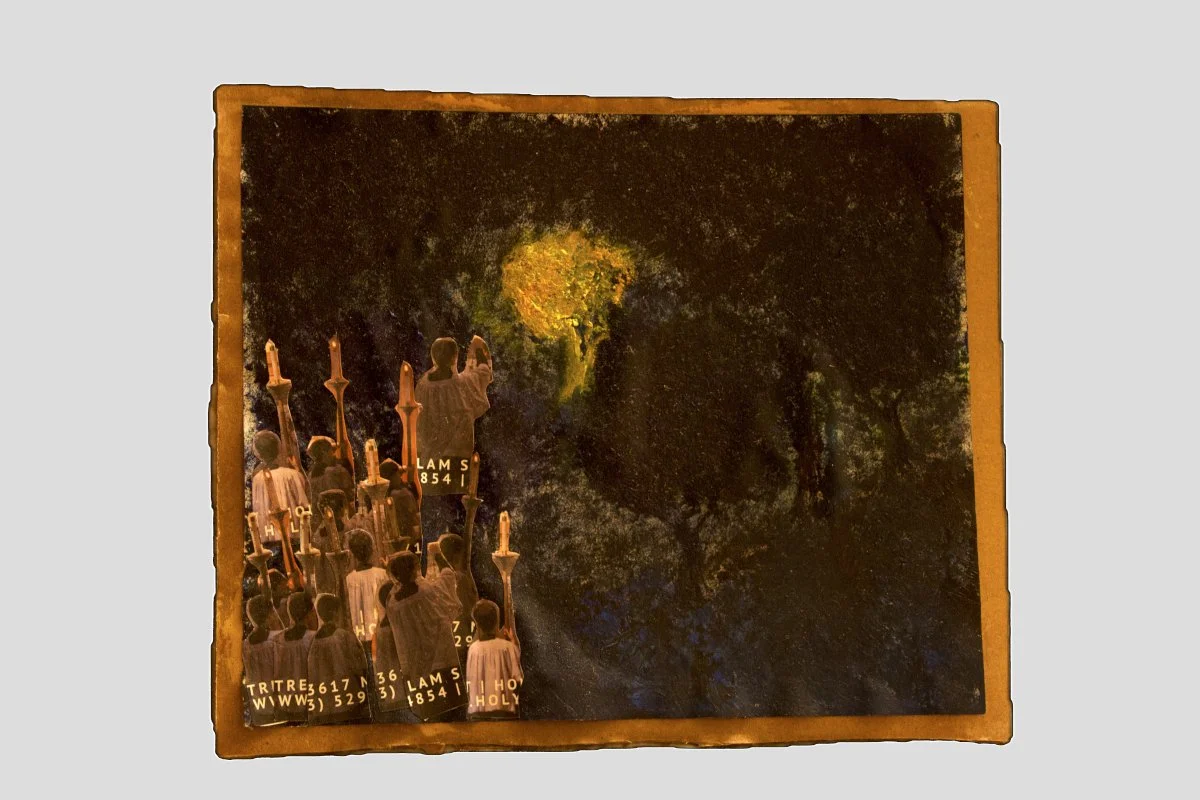 "procession", 21st century mixed media on cardboard - 8.5" x 10.25", $600