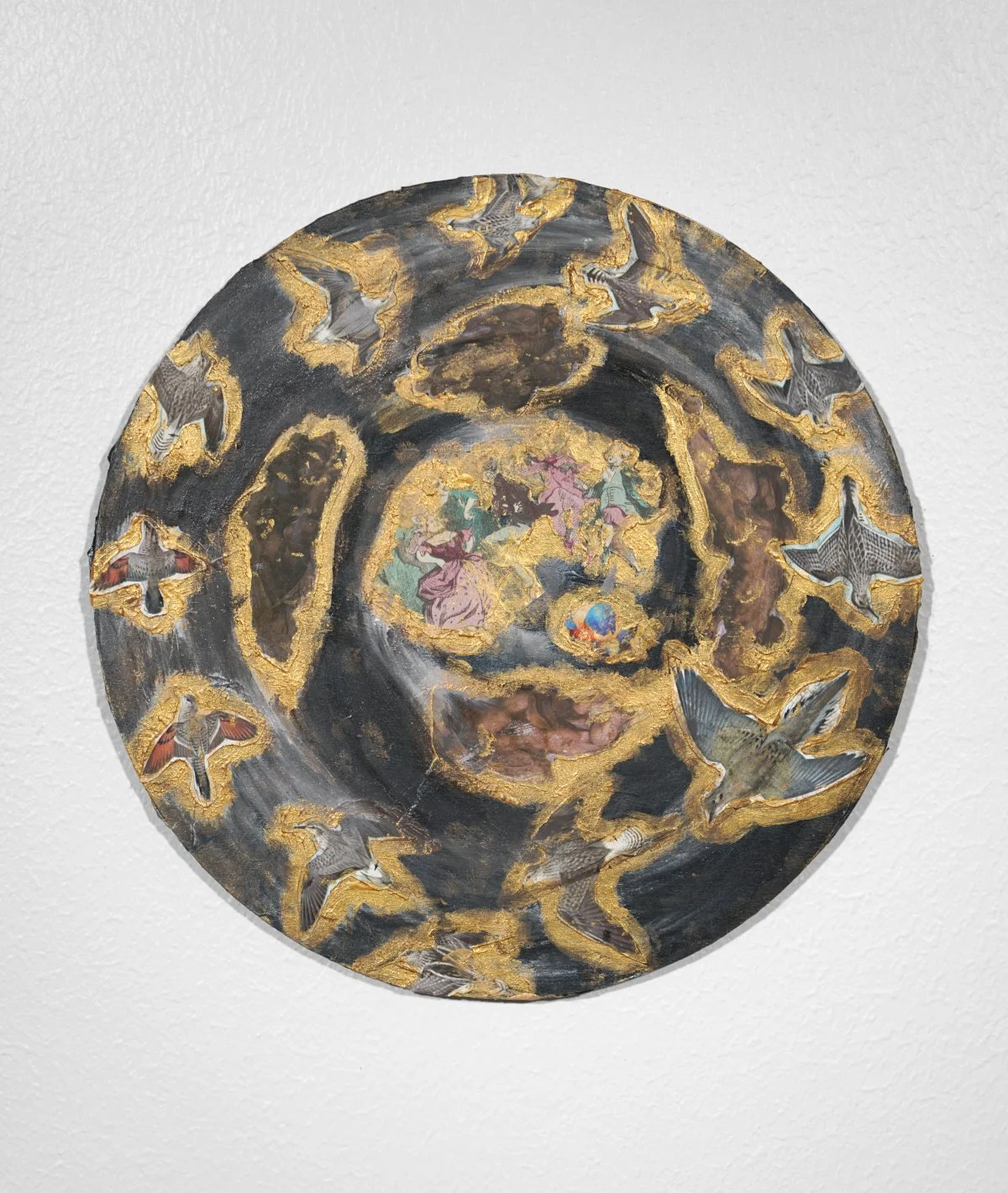"les paradis", 20th-21st century mixed media materials on wood - 10" diameter, $650