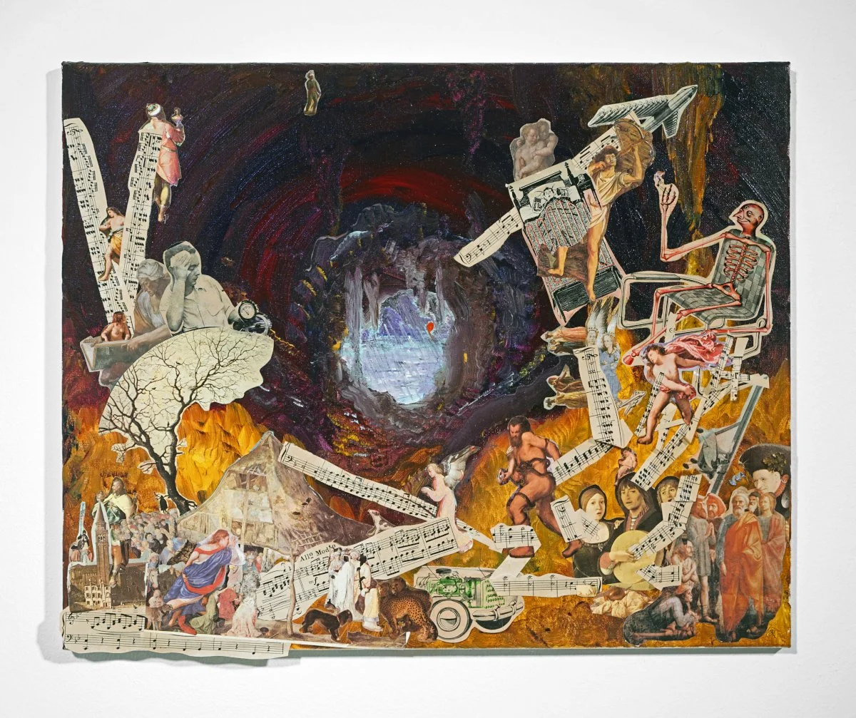 "smoking cigarettes in plato's cave", 20th and 21st century mixed media on canvas - 16" x 20",
$1500