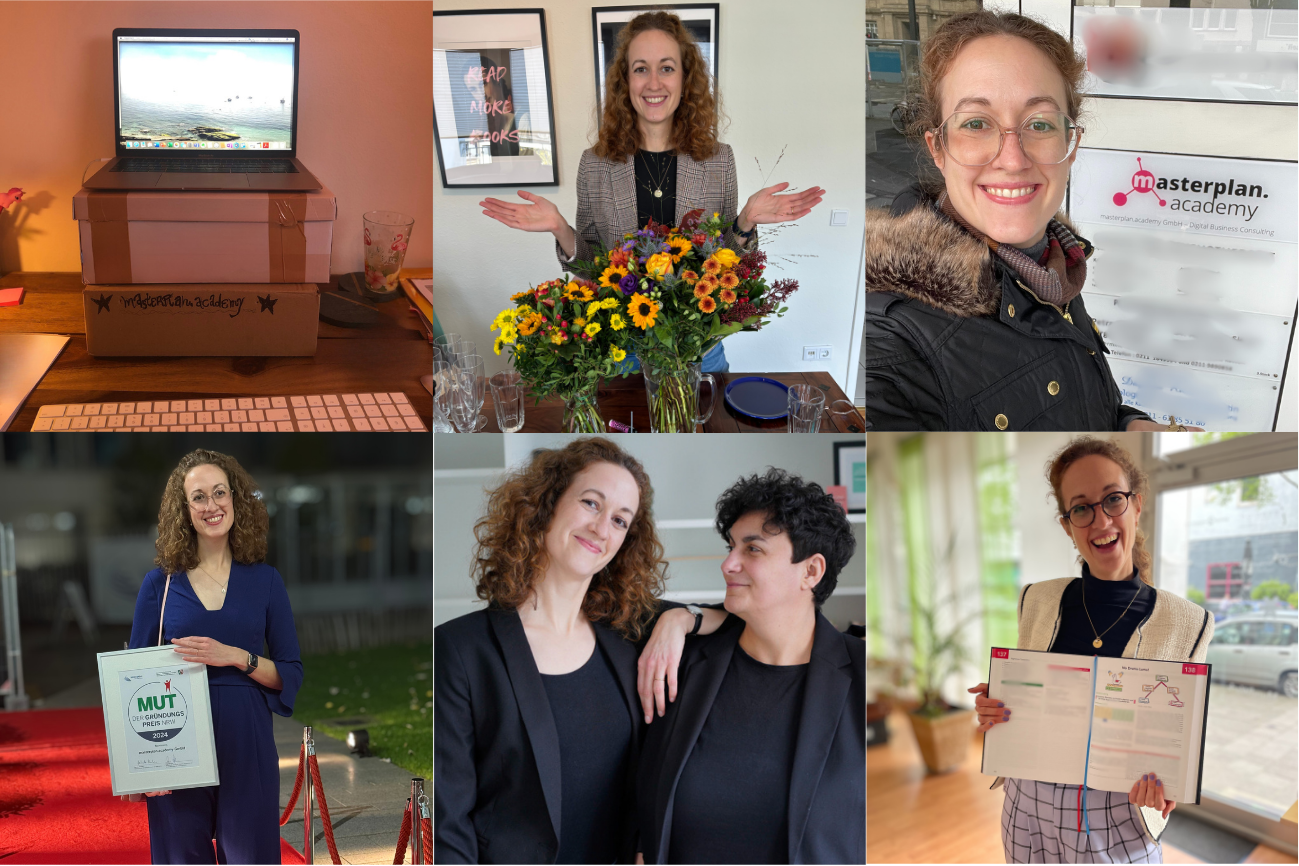 Fotocollage die Impressionen aus der Gründungs- und Firmengeschichte der masterplan.academy zeigt.