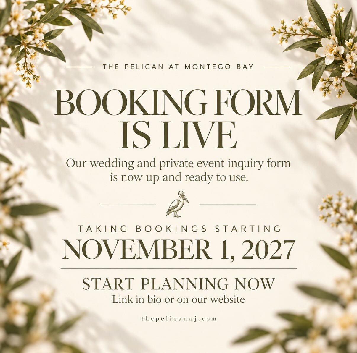Booking is officially open! 🤍
Now accepting inquiries for weddings &amp; private events beginning November 1, 2027.

Start planning now | link in bio or thepelicannj.com