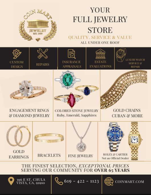 Advertisement for Coin Mart jewelry store with gold and black theme, featuring various jewelry items including engagement rings, colored stone jewelry, gold chains, earrings, bracelets, and watches, along with store services.