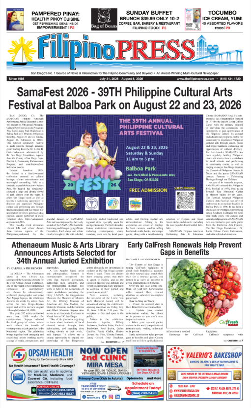 The front page of Filipino Press newspaper with the headline about SamaFest 2026, the 39th Philippine Cultural Arts Festival, scheduled at Balboa Park on August 22-23, 2026. The page also features articles about Athenaeum Music & Arts Library's artist exhibition, early CalFresh renewals, and advertisements for local businesses.