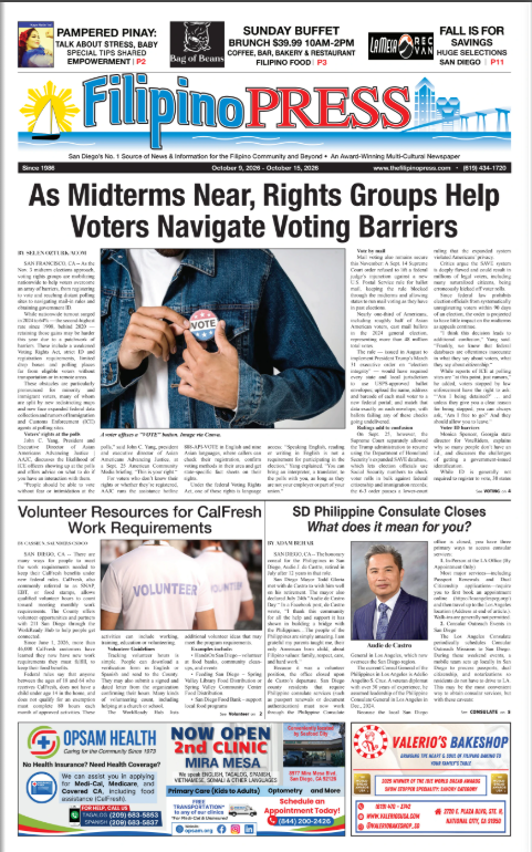 Front page of the Filipino Press newspaper with headlines about voter rights and midterm elections, featuring a person holding a voting ballot, accompanied by articles and advertisements.