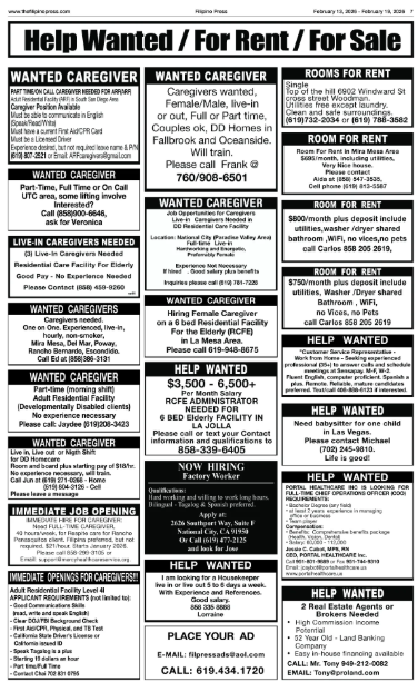 Collection of classified ads sections in a newspaper, including help wanted, for rent or sale, caregiver, and job opportunity listings, with various contact details and descriptions.