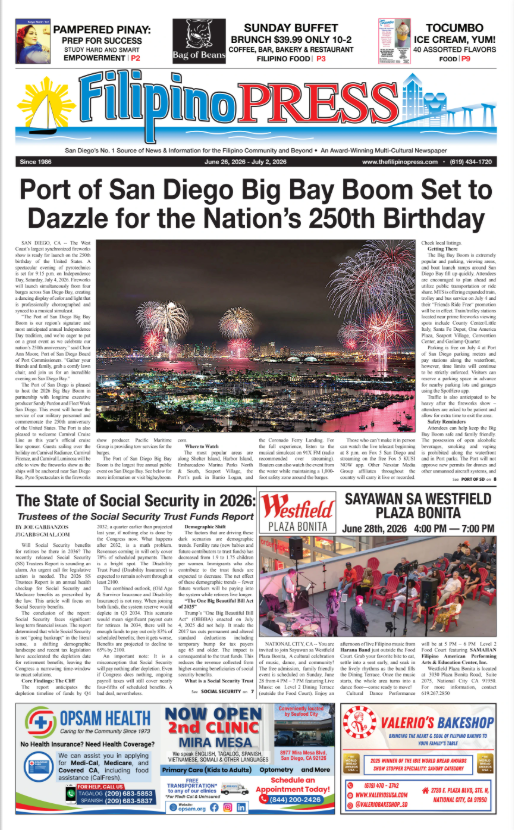The front page of the Filipino Press newspaper, dated June 28, 2026, featuring a large headline about the Port of San Diego's 250th birthday, a fireworks display over the port, and sections on local events, social security, and advertisements.