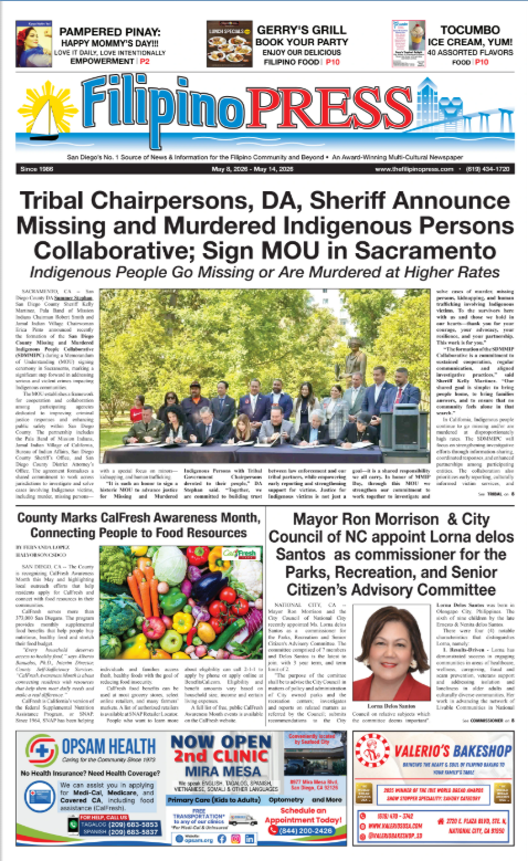 Front page of Filipino Press newspaper, May 8-14, 2023, featuring headline about tribal chairpersons, DA, sheriff announcing missing and murdered indigenous persons, alongside articles on county food resources awareness, new city council appointment, local health clinics, and advertisements for restaurants and health clinics.