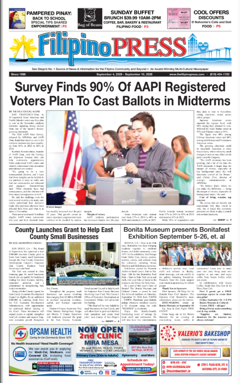 The front page of the FilipinoPress newspaper, dated September 4, 2023, features a main headline about survey findings on AAPI voters planning to cast ballots in midterms, with a large photo of a diverse group of people casting ballots at a polling station. Additional articles about local community events and advertisements are visible.