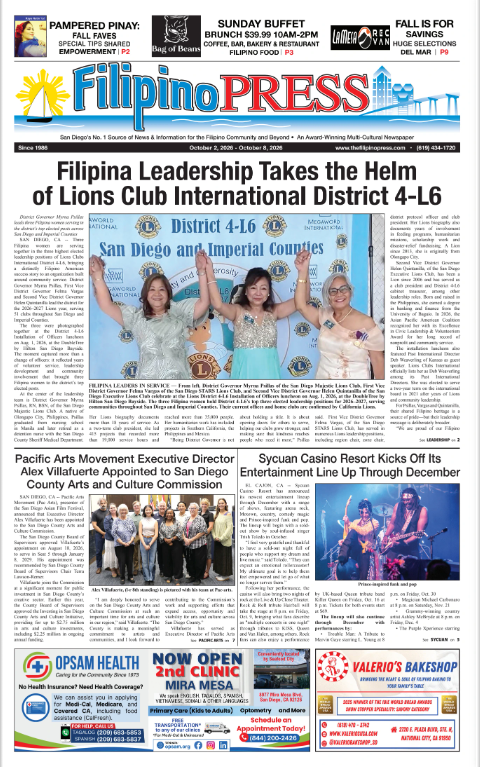 A screenshot of the front page of the Filipino Press newspaper, dated October 2, 2023, featuring headlines about Filipino leadership and local events, including a photo of three women at a Lions Club event.
