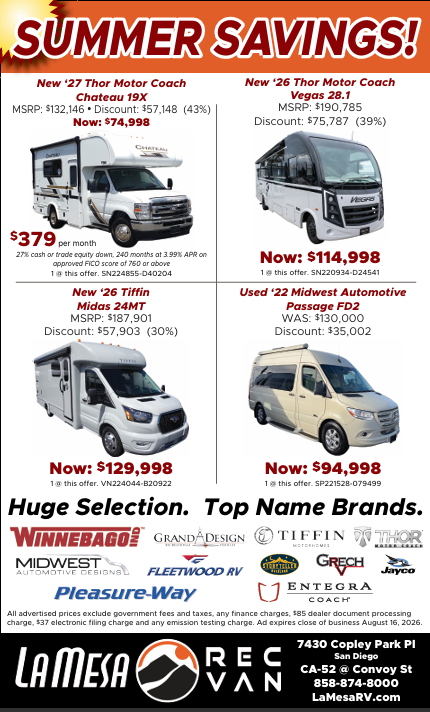 A layout of summer savings advertisements for various RVs and vehicles, including details on models, prices, discounts, and dealership contact information at La Mesa RV in San Diego.