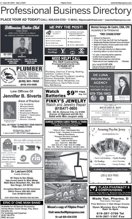 Page from a professional business directory published in July 2024, featuring ads for various local businesses including a bakery cafe, plumbing, jewelry, insurance, law office, veterinary services, and a pharmacy. The page also contains contact information, service descriptions, and promotional offers.