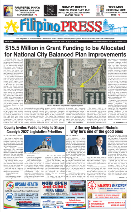 Headline: $15.5 Million in Grant Funding to be Allocated for National City Balanced Plan Improvements. Includes maps of the project area with color-coded routes, and articles about county legislative priorities and a politician.