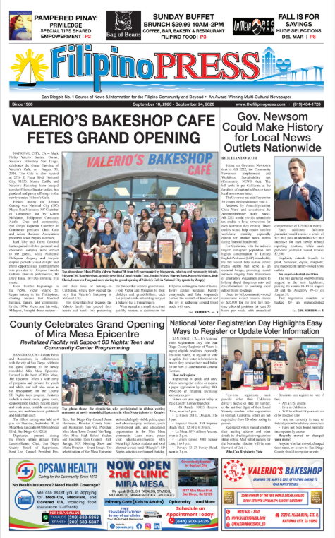 The front page of the Filipino Press newspaper. Main headline about Valerio’s Bakeshop Cafe grand opening, with a photo of the staff and a group photo. Additional articles include Gov. Newsom's potential impact on local news and county celebrations for the Mira Mesa fire. There are various advertisements at the top and bottom of the page.