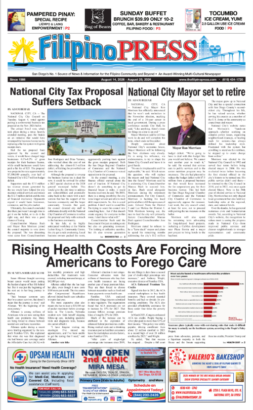 Front page of Filipino Press newspaper with headlines about city tax issues and health costs, and images of local officials and advertisements.