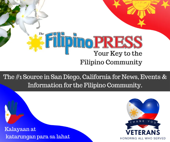 A flyer for Filipino Press featuring the Philippine flag and flowers, with text in English and Filipino about serving the Filipino community, veterans, and a summary of news and events.