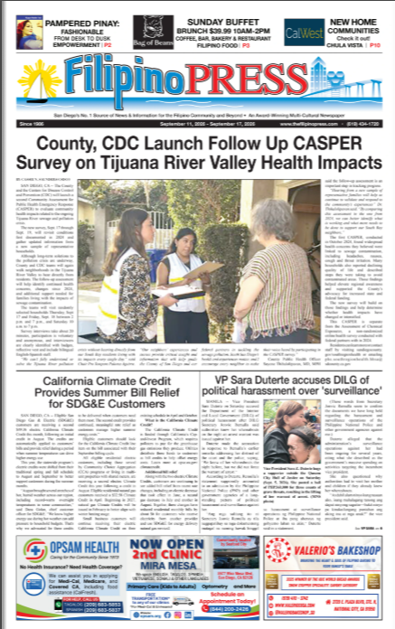 Front page of Filipino Press newspaper with headlines about county health survey and political issues, featuring a photo of people talking outdoors.